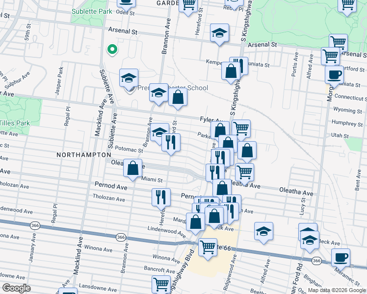 map of restaurants, bars, coffee shops, grocery stores, and more near 4980 Fairview Avenue in St. Louis