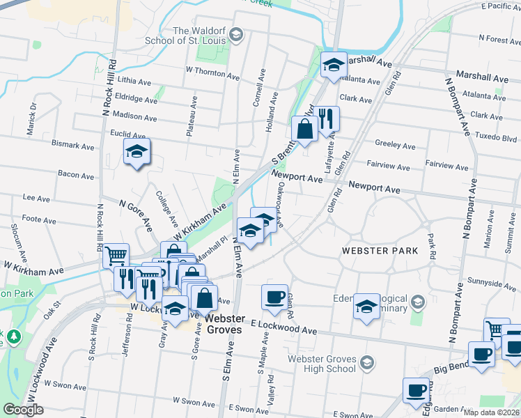 map of restaurants, bars, coffee shops, grocery stores, and more near 319 Corona Court in Webster Groves