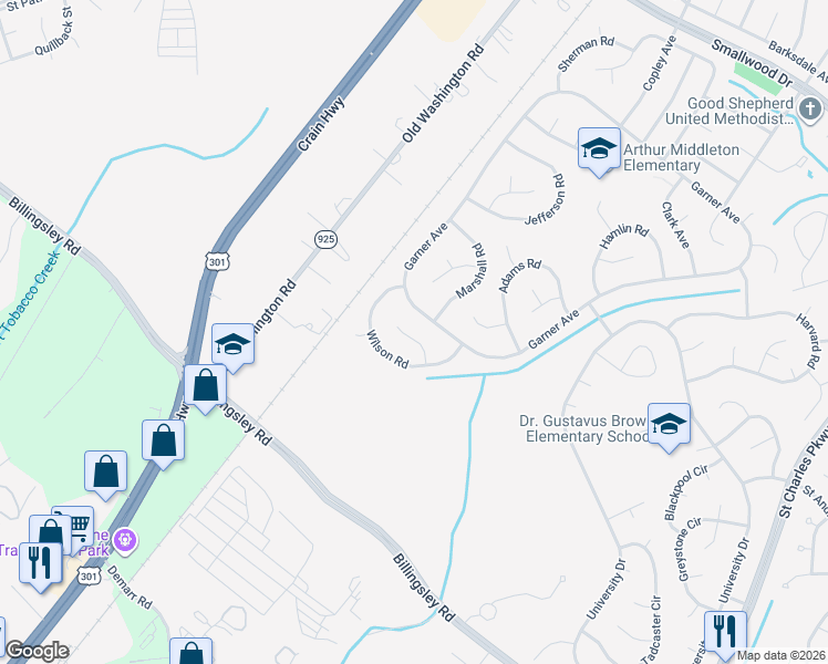 map of restaurants, bars, coffee shops, grocery stores, and more near 609 Wilson Lane in Waldorf