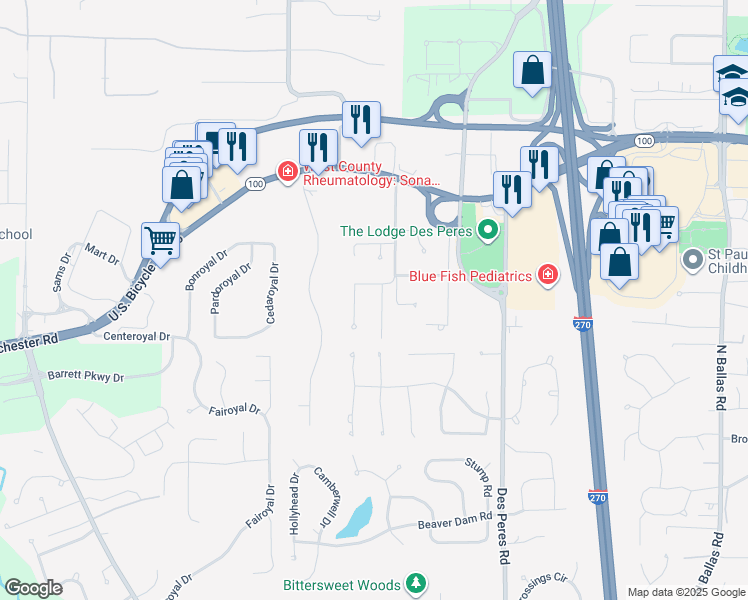 map of restaurants, bars, coffee shops, grocery stores, and more near 931 Latigos Trail in Des Peres