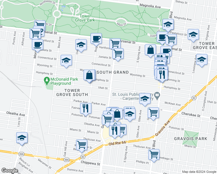 map of restaurants, bars, coffee shops, grocery stores, and more near 3905 North Utah Place in St. Louis