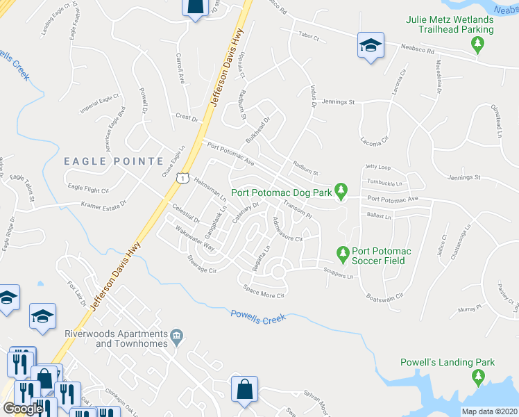 map of restaurants, bars, coffee shops, grocery stores, and more near 16229 Catenary Drive in Woodbridge
