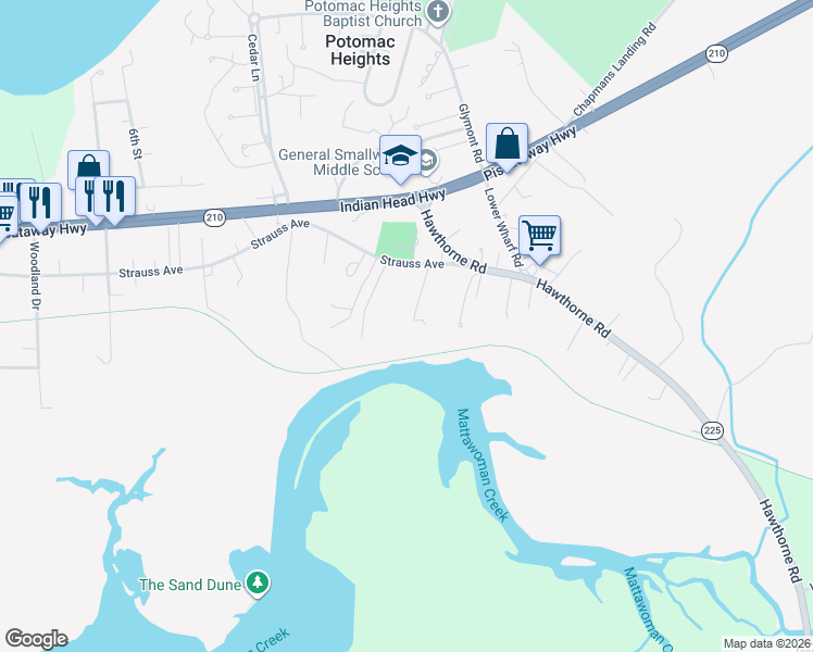map of restaurants, bars, coffee shops, grocery stores, and more near 779 Strauss Avenue in Indian Head