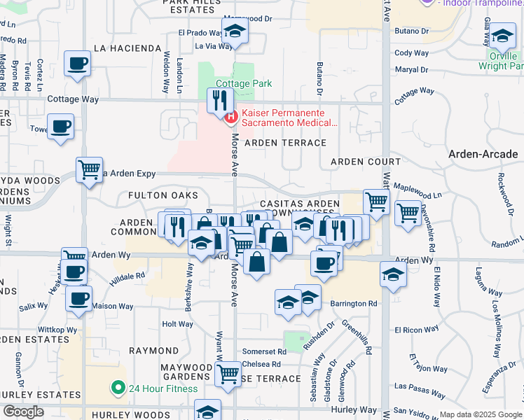 map of restaurants, bars, coffee shops, grocery stores, and more near 3144 Vía Grande in Sacramento