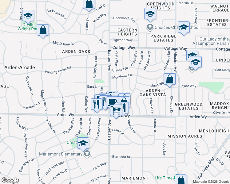 map of restaurants, bars, coffee shops, grocery stores, and more near 1813 Vesta Way in Sacramento
