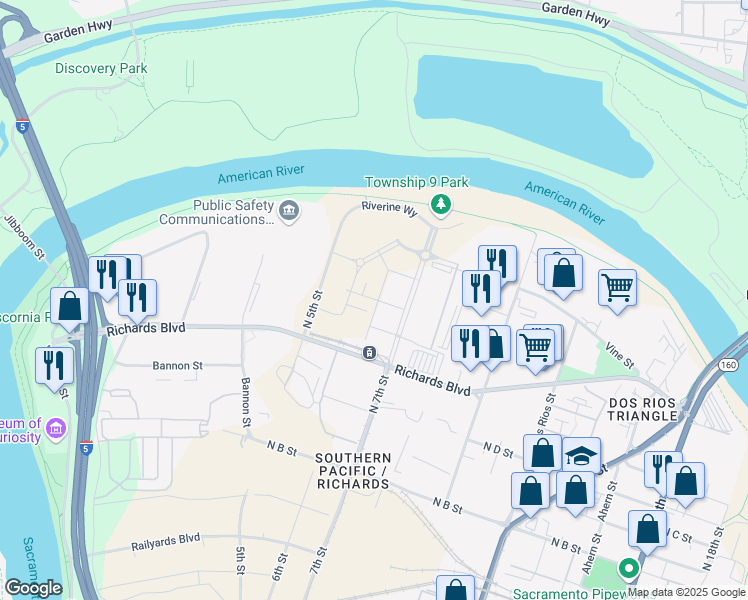 map of restaurants, bars, coffee shops, grocery stores, and more near 424 North 7th Street in Sacramento
