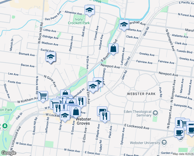 map of restaurants, bars, coffee shops, grocery stores, and more near 319 Corona Court in Webster Groves