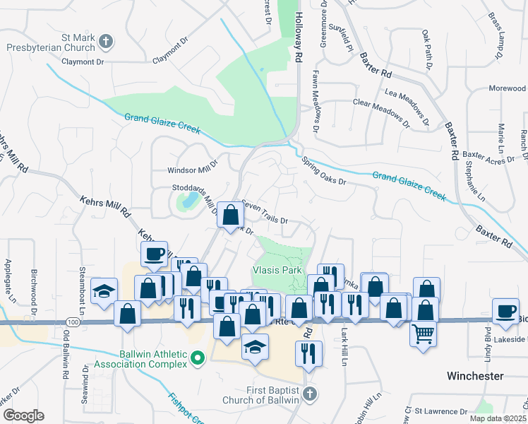 map of restaurants, bars, coffee shops, grocery stores, and more near 500 Seven Trails Drive in Ballwin