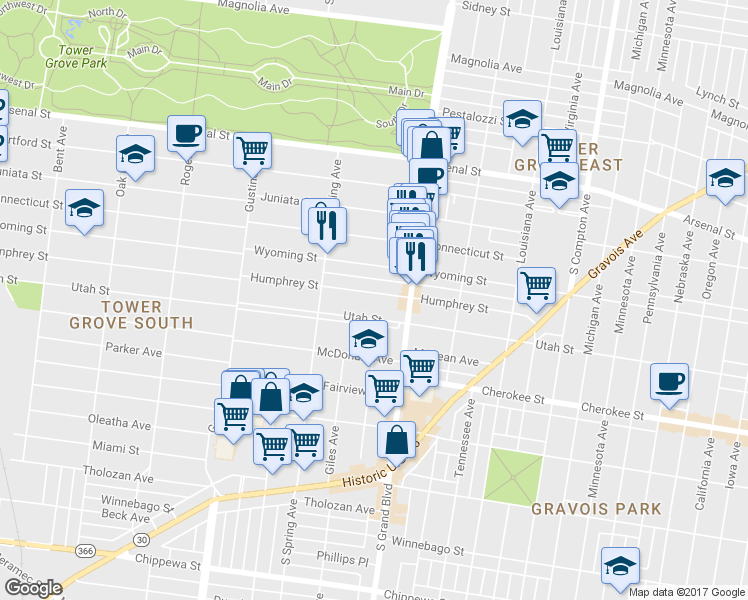 map of restaurants, bars, coffee shops, grocery stores, and more near 3640 Humphrey Street in St. Louis