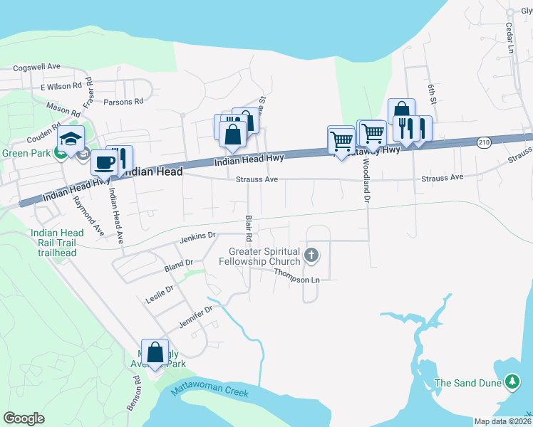 map of restaurants, bars, coffee shops, grocery stores, and more near 15 1st Street in Indian Head