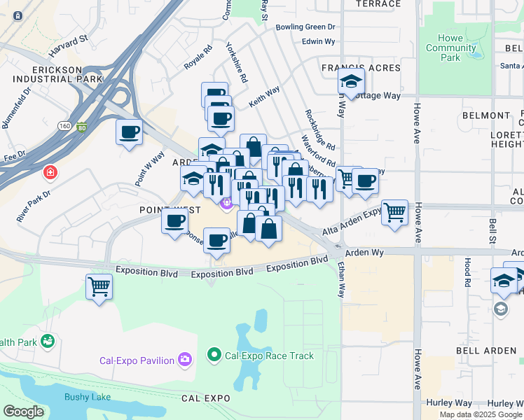 map of restaurants, bars, coffee shops, grocery stores, and more near 1800 Arden Way in Sacramento