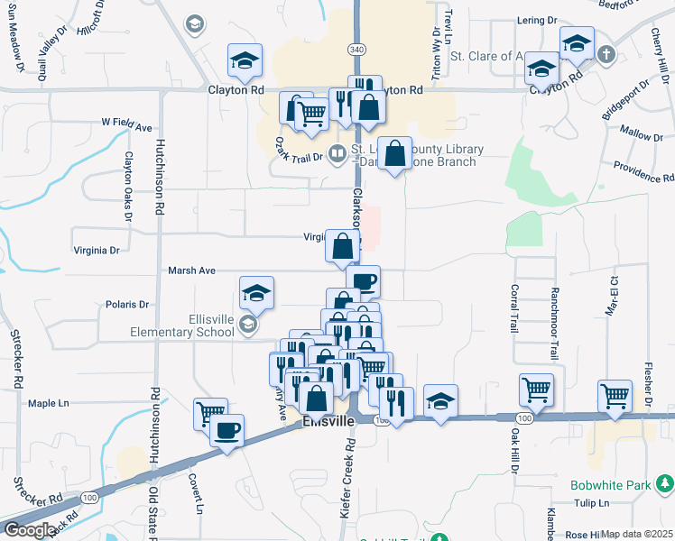 map of restaurants, bars, coffee shops, grocery stores, and more near 1316 Marsh Avenue in Ellisville