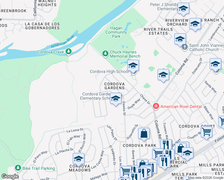 map of restaurants, bars, coffee shops, grocery stores, and more near 10265 Agnes Circle in Rancho Cordova
