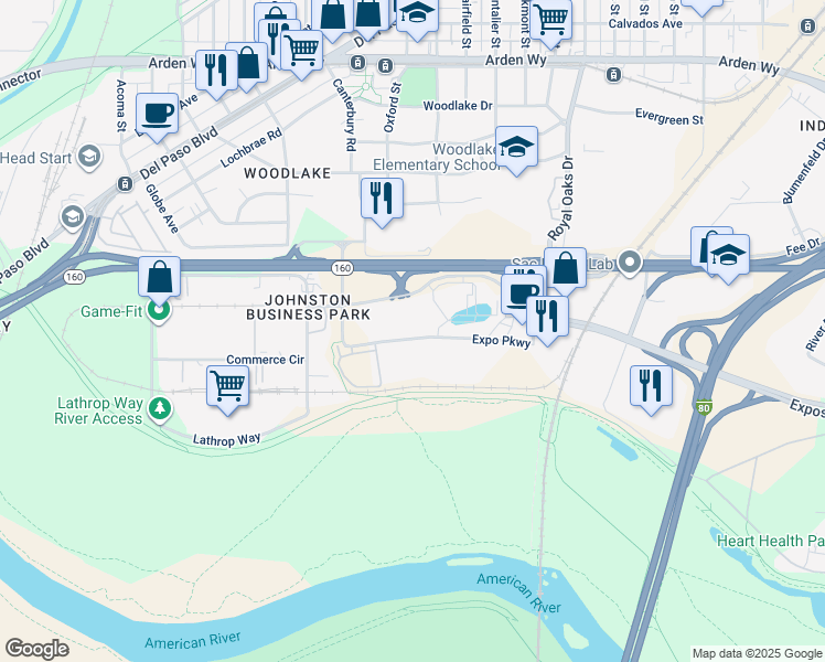 map of restaurants, bars, coffee shops, grocery stores, and more near 1501 Expo Parkway in Sacramento
