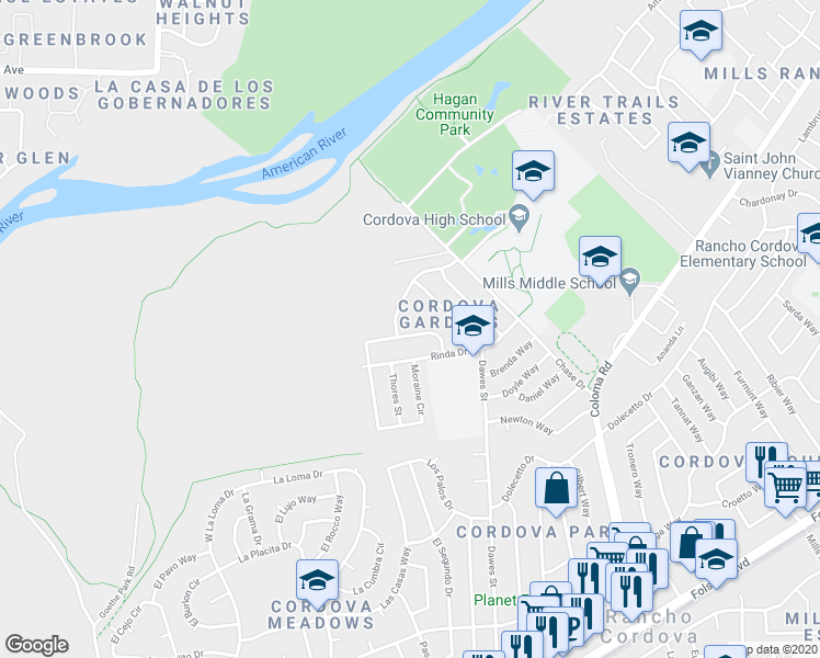 map of restaurants, bars, coffee shops, grocery stores, and more near 10245 Agnes Circle in Rancho Cordova