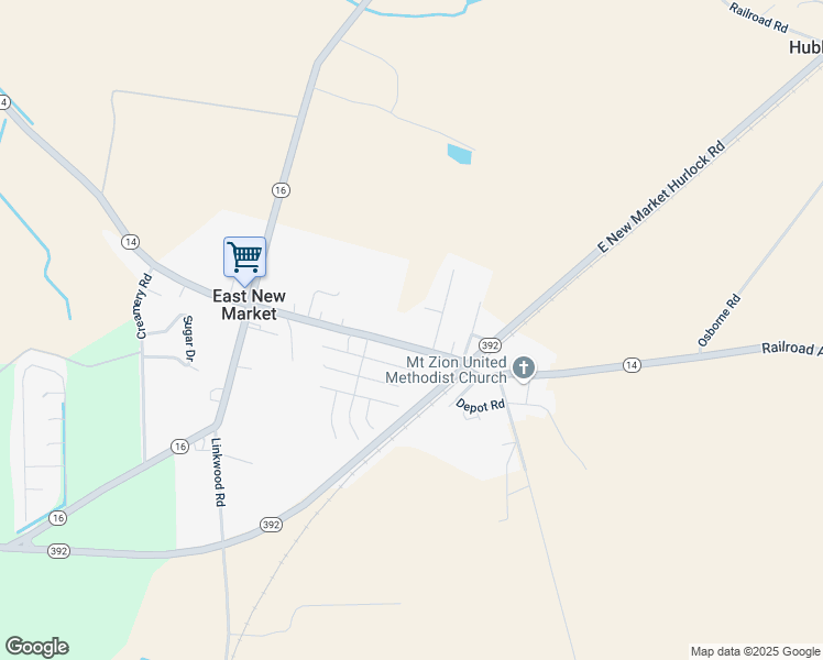 map of restaurants, bars, coffee shops, grocery stores, and more near 308 Railroad Avenue in East New Market