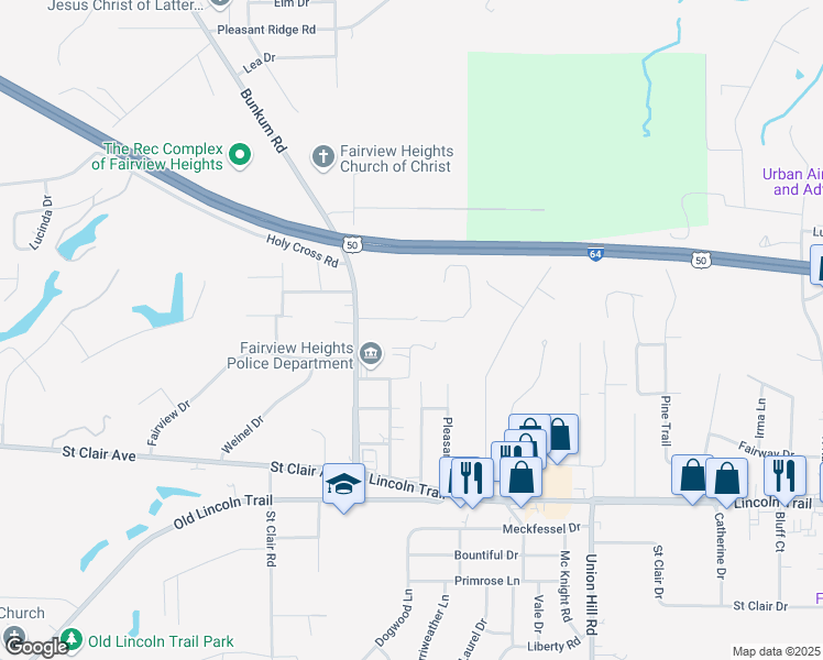 map of restaurants, bars, coffee shops, grocery stores, and more near 10017 Bunkum Road in Fairview Heights
