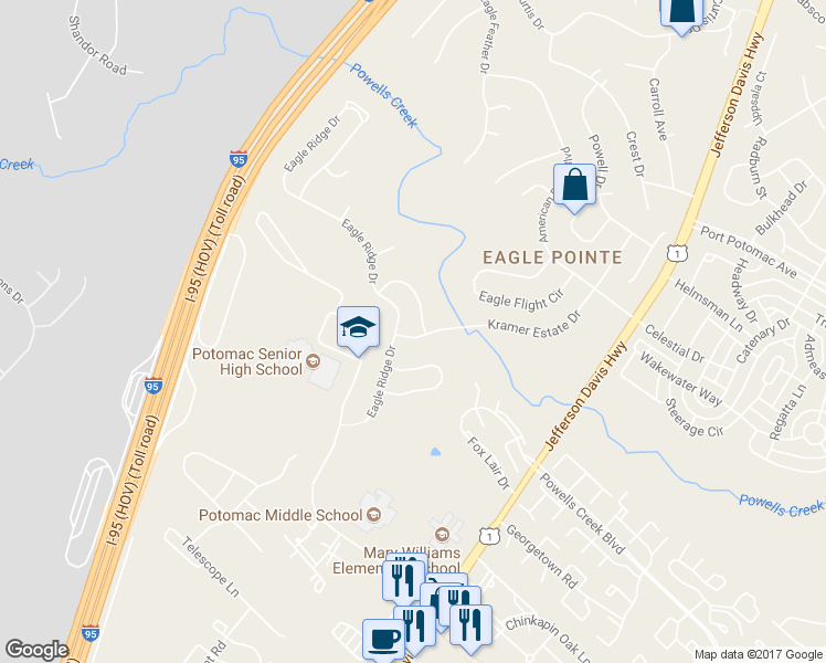 map of restaurants, bars, coffee shops, grocery stores, and more near 16506 Kramer Estate Drive in Woodbridge