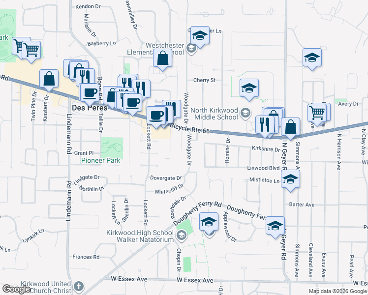 map of restaurants, bars, coffee shops, grocery stores, and more near 1029 Woodgate Drive in St. Louis
