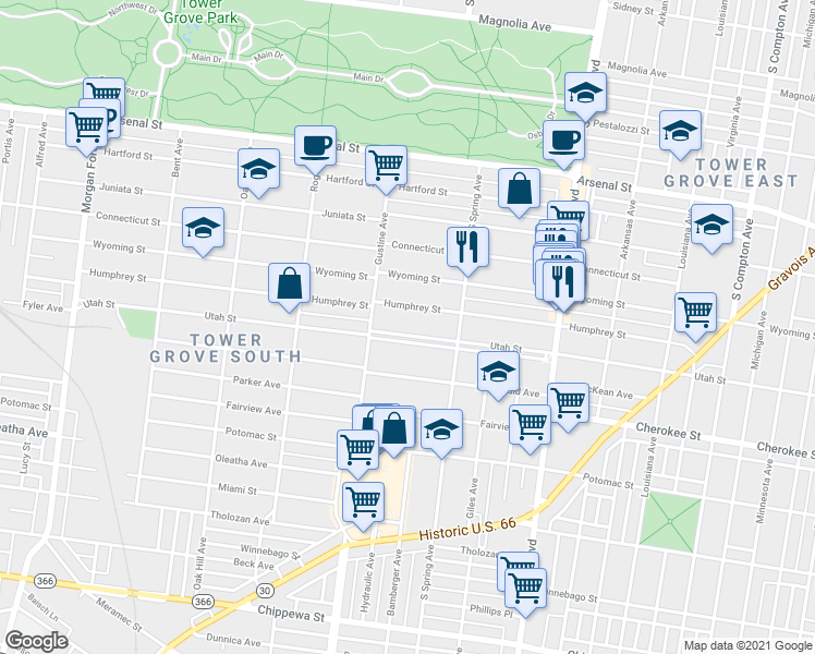 map of restaurants, bars, coffee shops, grocery stores, and more near 3855 North Utah Place in St. Louis