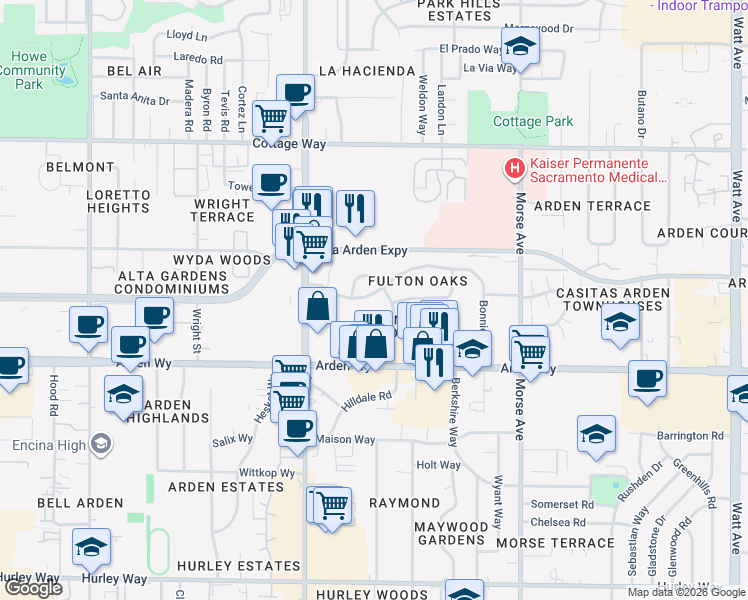 map of restaurants, bars, coffee shops, grocery stores, and more near 1791 Kubel Circle in Sacramento