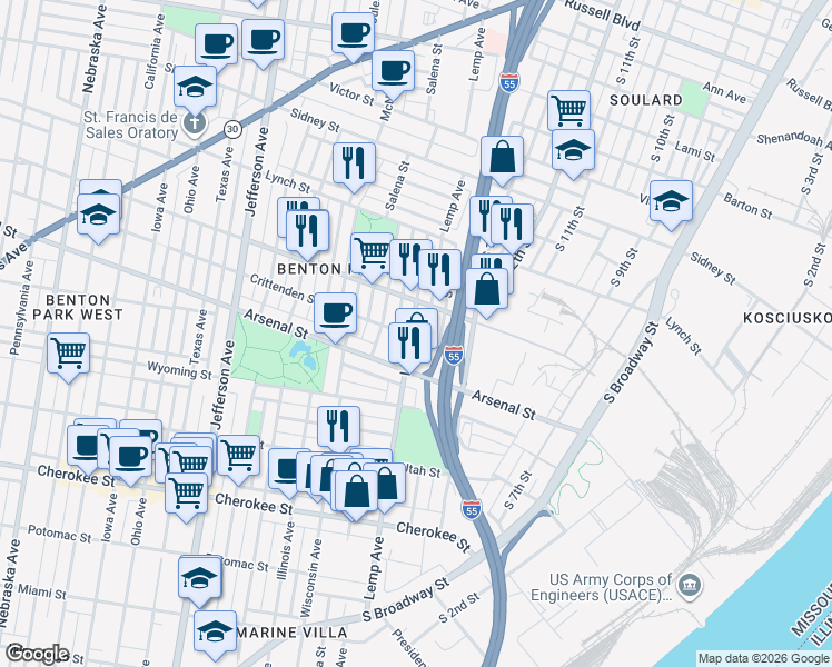 map of restaurants, bars, coffee shops, grocery stores, and more near 3002 Lemp Avenue in St. Louis
