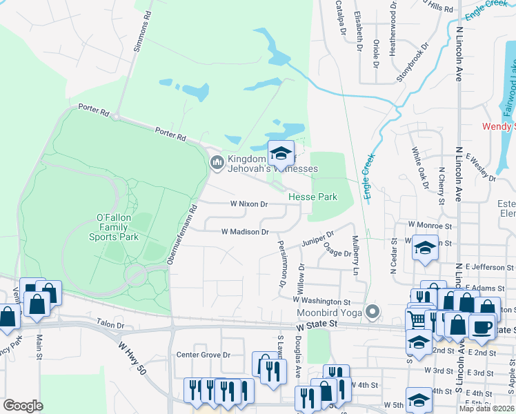 map of restaurants, bars, coffee shops, grocery stores, and more near 609 Linden Court in O'Fallon