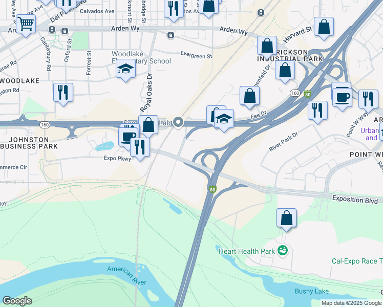 map of restaurants, bars, coffee shops, grocery stores, and more near 1792 Tribute Road in Sacramento