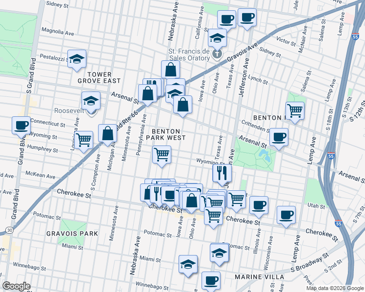 map of restaurants, bars, coffee shops, grocery stores, and more near 3166 California Avenue in St. Louis