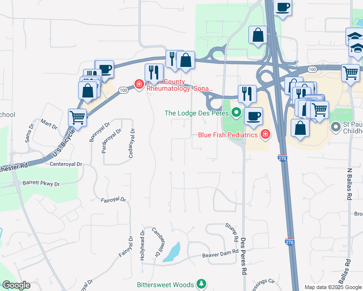 map of restaurants, bars, coffee shops, grocery stores, and more near 931 Latigos Trail in Des Peres