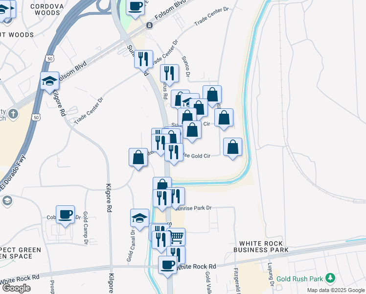map of restaurants, bars, coffee shops, grocery stores, and more near 11492 Sunrise Gold Circle in Rancho Cordova