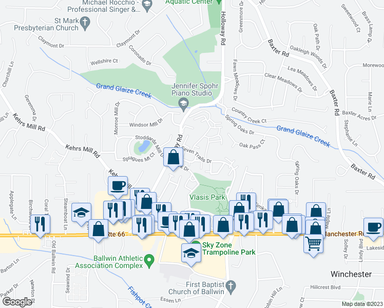 map of restaurants, bars, coffee shops, grocery stores, and more near 207 Gilla Drive in Ballwin