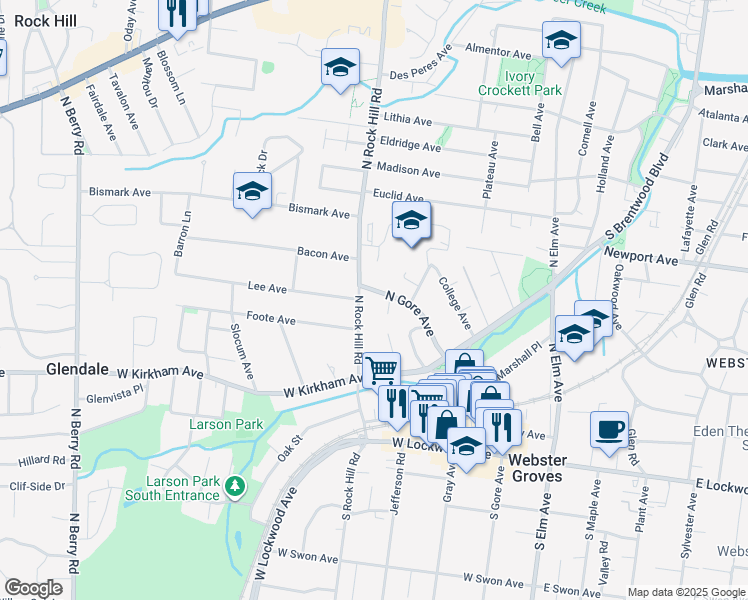 map of restaurants, bars, coffee shops, grocery stores, and more near 341 North Gore Avenue in Webster Groves
