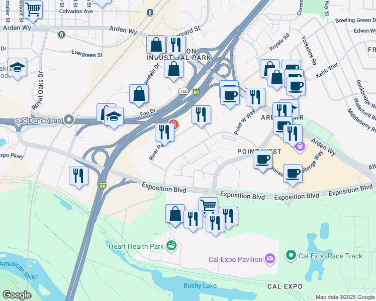 map of restaurants, bars, coffee shops, grocery stores, and more near 1470 Response Road in Sacramento