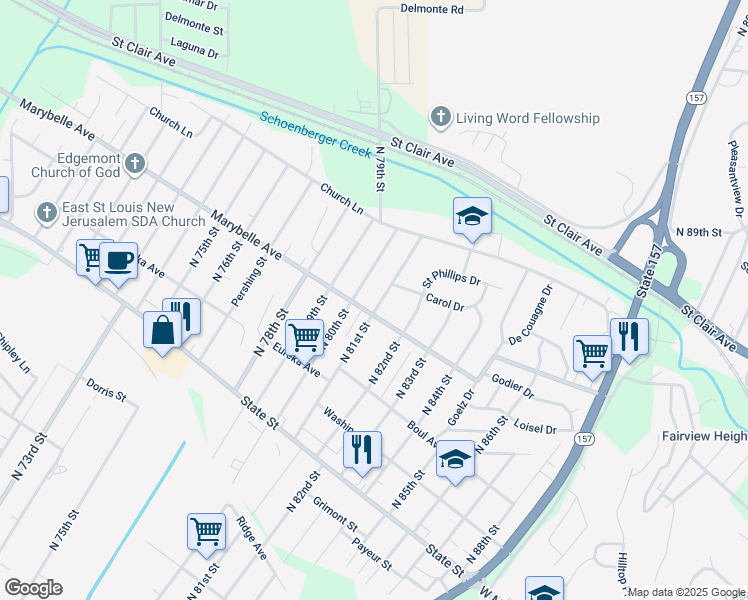 map of restaurants, bars, coffee shops, grocery stores, and more near 813 North 81st Street in East St. Louis