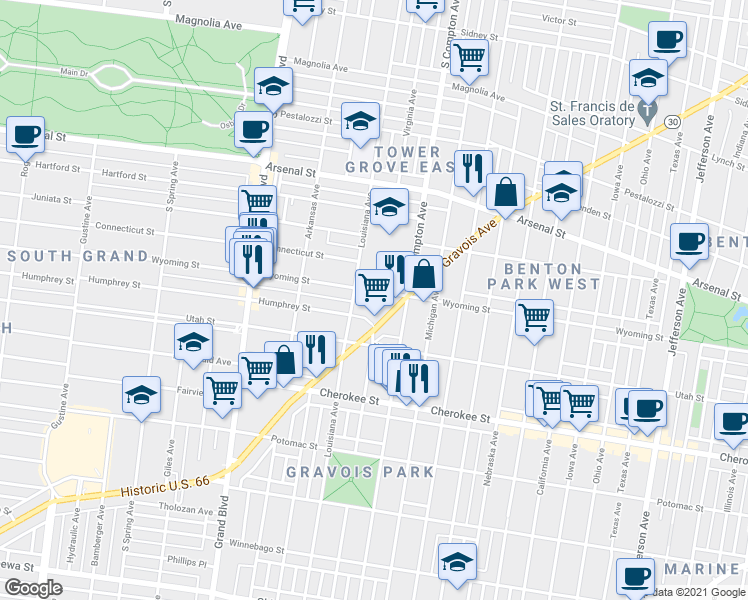 map of restaurants, bars, coffee shops, grocery stores, and more near 3219 Gravois Avenue in St. Louis