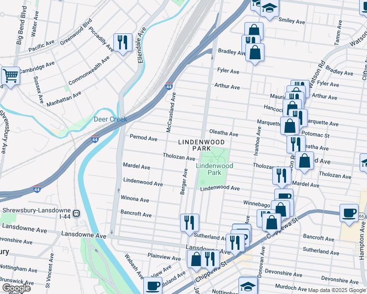 map of restaurants, bars, coffee shops, grocery stores, and more near 6950 Pernod Avenue in St. Louis