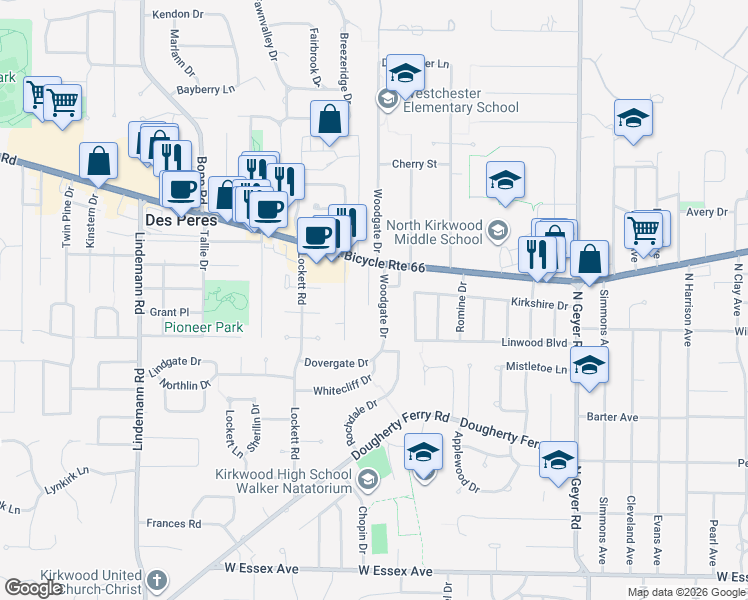 map of restaurants, bars, coffee shops, grocery stores, and more near 1029 Woodgate Drive in St. Louis