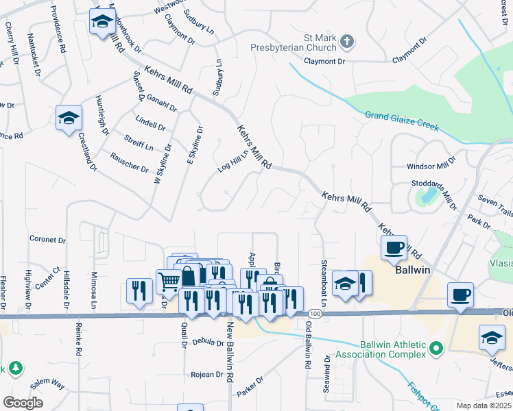 map of restaurants, bars, coffee shops, grocery stores, and more near 144 Lucerne Place Drive in Ballwin