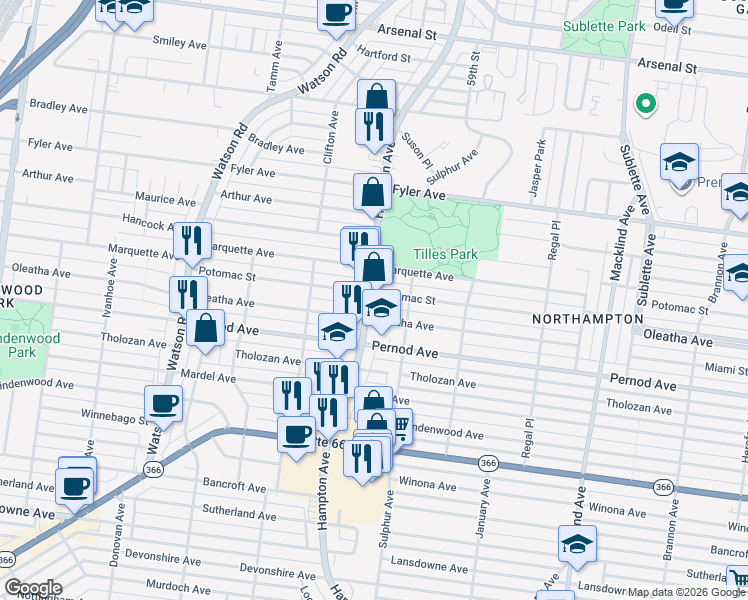 map of restaurants, bars, coffee shops, grocery stores, and more near 3510 Hampton Avenue in St. Louis