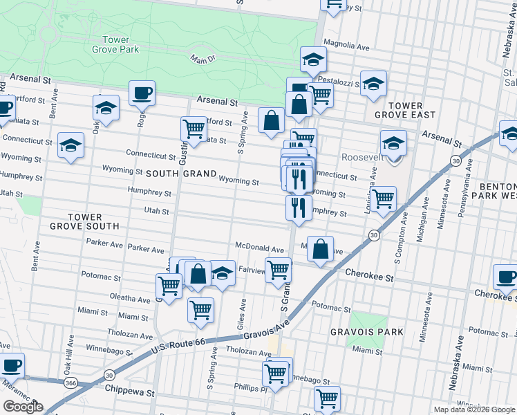 map of restaurants, bars, coffee shops, grocery stores, and more near 3707 North Utah Place in St. Louis