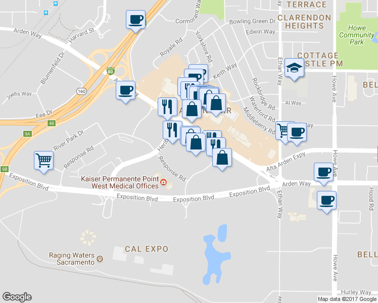 map of restaurants, bars, coffee shops, grocery stores, and more near 1690 Arden Way in Sacramento