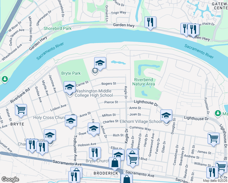 map of restaurants, bars, coffee shops, grocery stores, and more near 1036 Taber Street in West Sacramento