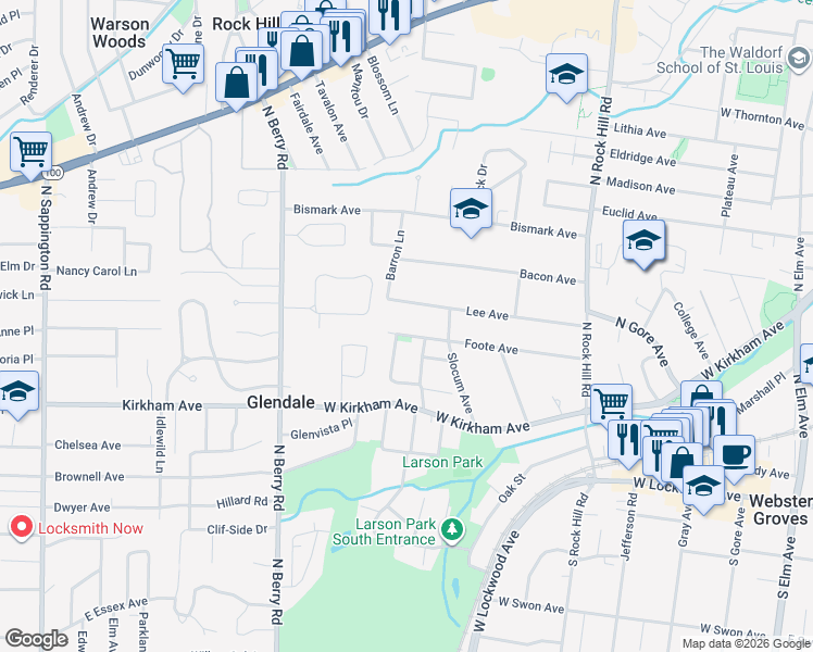 map of restaurants, bars, coffee shops, grocery stores, and more near 637 Foote Avenue in Webster Groves