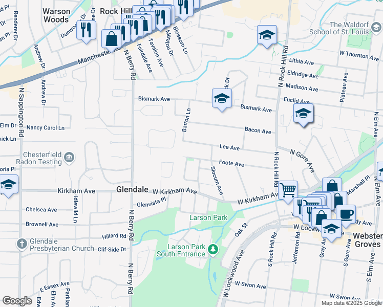 map of restaurants, bars, coffee shops, grocery stores, and more near 637 Foote Avenue in Webster Groves