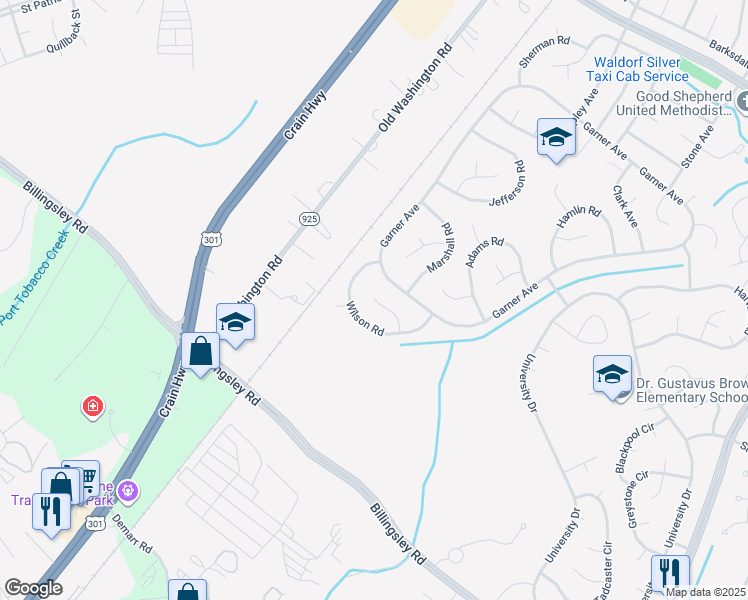 map of restaurants, bars, coffee shops, grocery stores, and more near 610 Wilson Lane in Waldorf