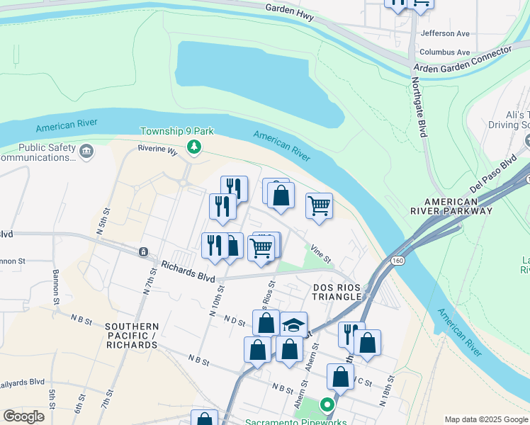 map of restaurants, bars, coffee shops, grocery stores, and more near 640 Vine Street in Sacramento