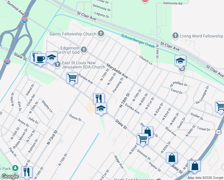 map of restaurants, bars, coffee shops, grocery stores, and more near 711 Pershing Street in East Saint Louis