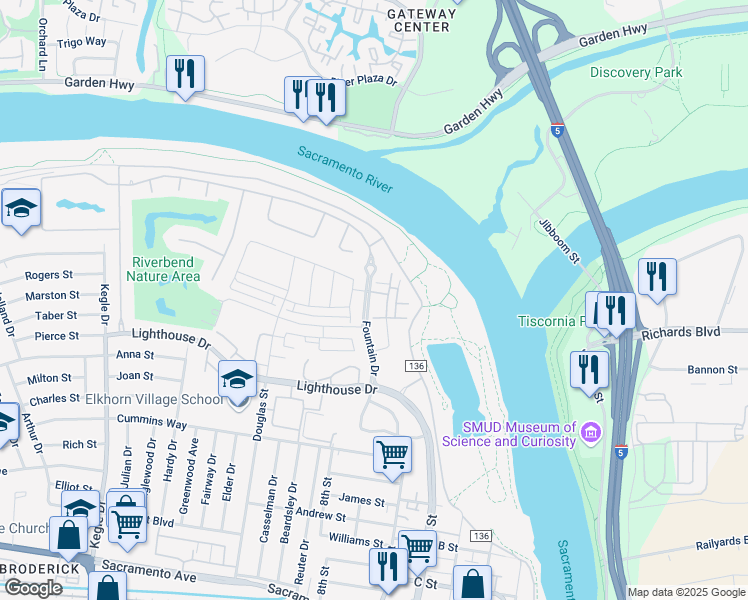 map of restaurants, bars, coffee shops, grocery stores, and more near 420 Regatta Lane in West Sacramento