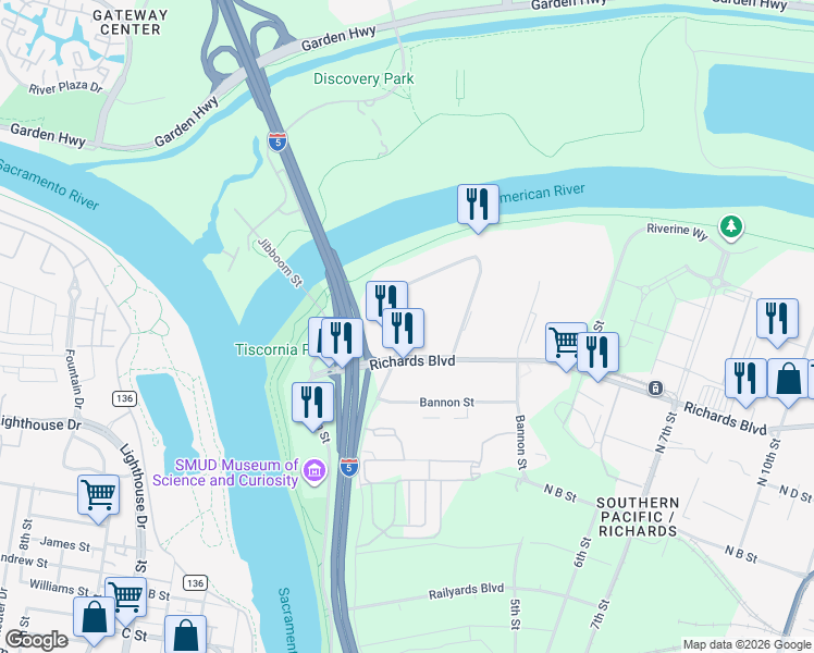 map of restaurants, bars, coffee shops, grocery stores, and more near 321 Bercut Drive in Sacramento